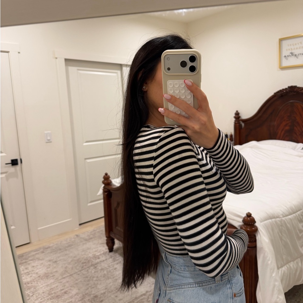 Zara Black and White Striped Long Sleeve Top